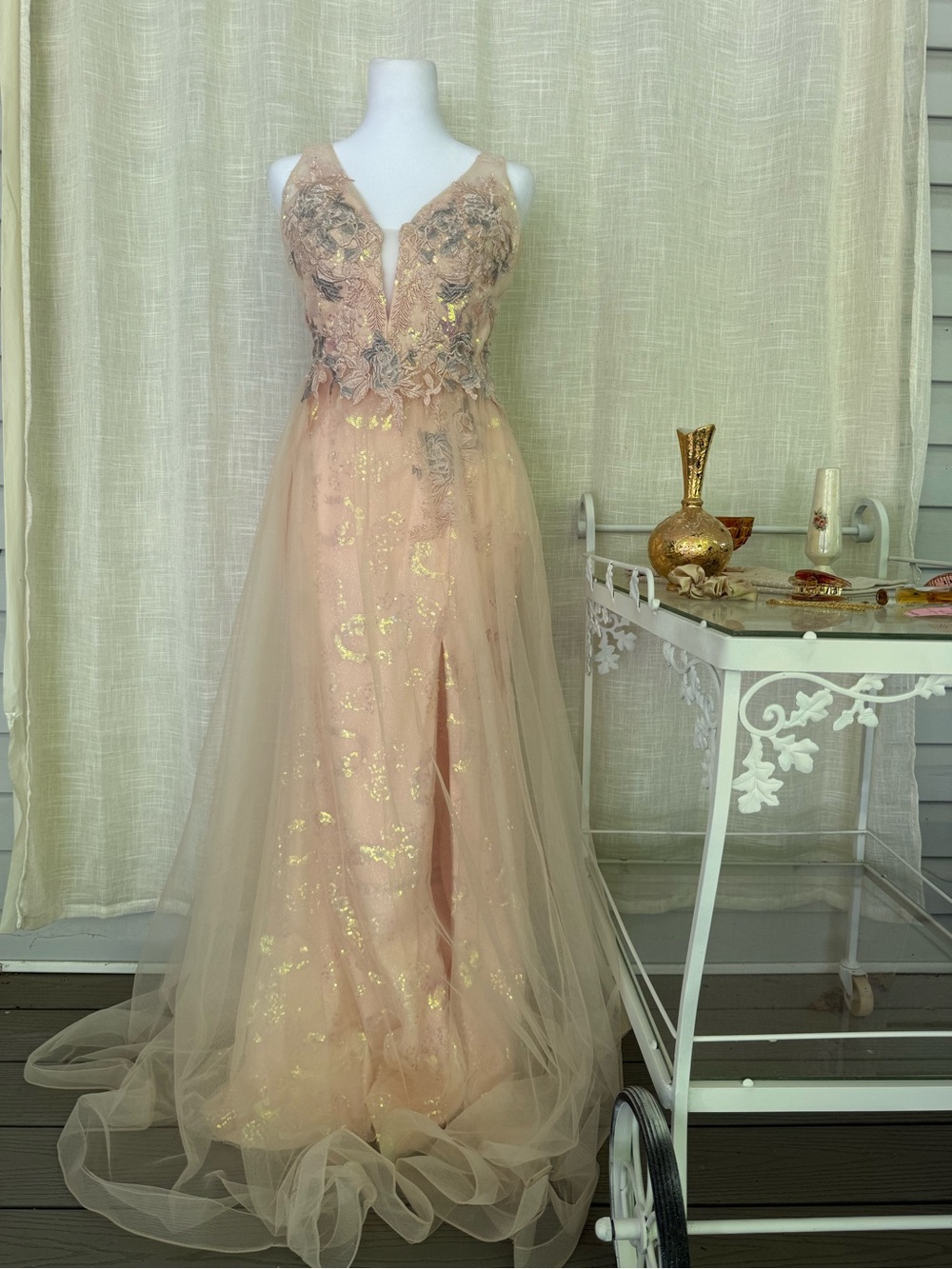 Blush Pink Sequin Lace Formal Prom Gown w/ Tulle Overskirt & Slit Small/Medium